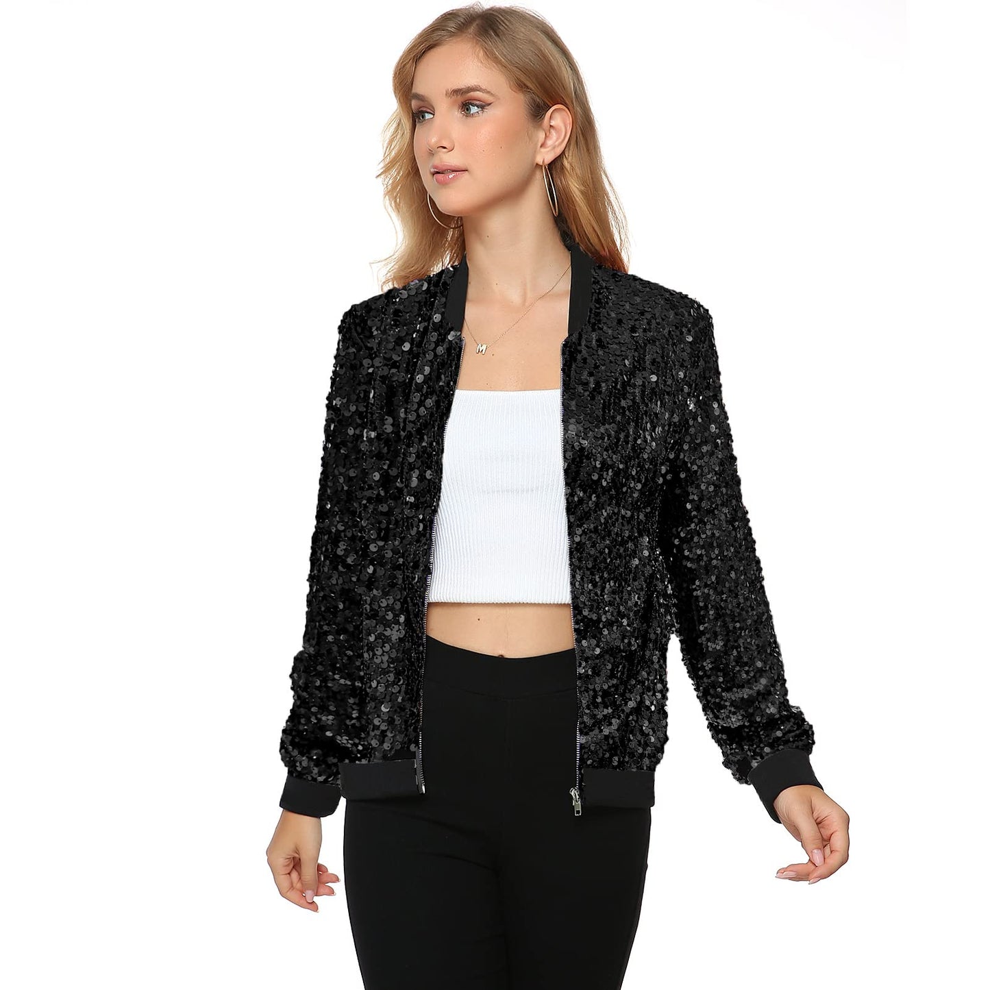 Women's Sequin Long Sleeve Front Zip Bomber Jacket with Ribbed Cuffs