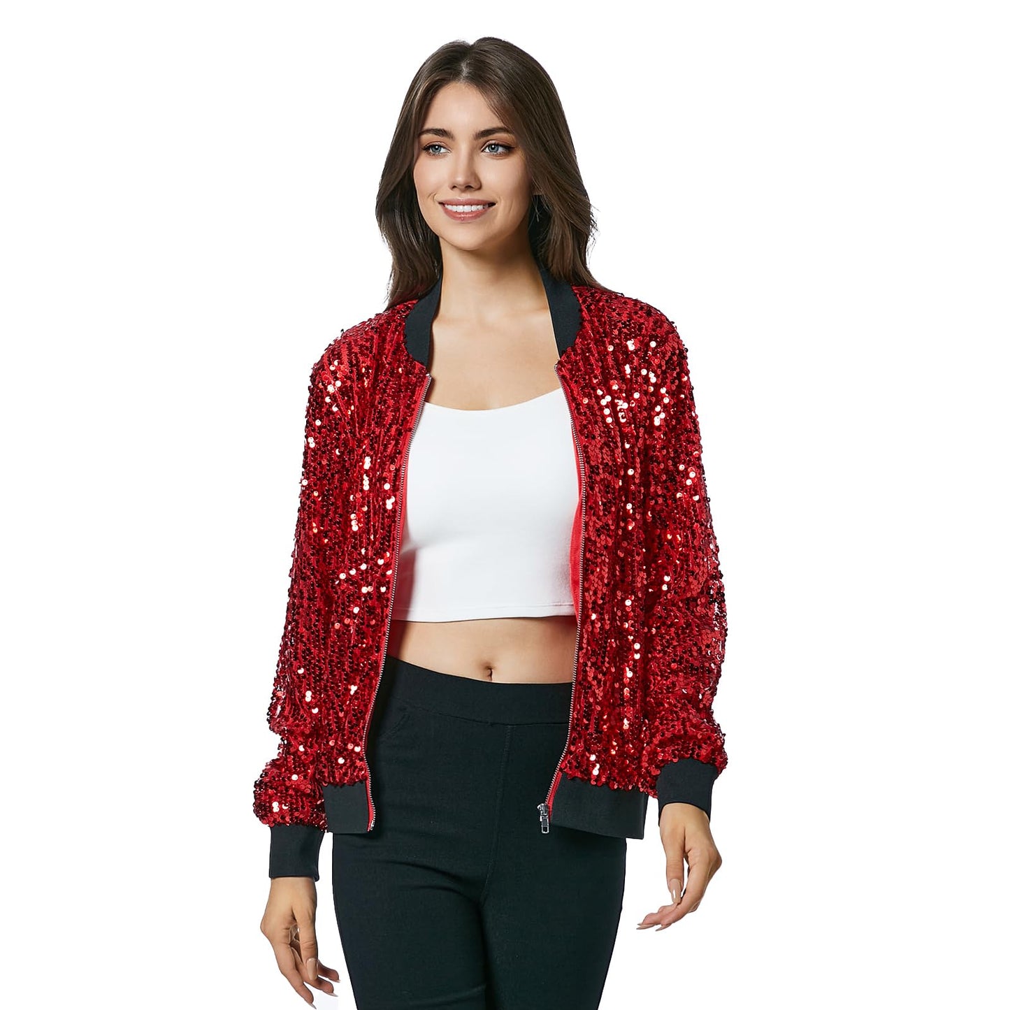 Women's Sequin Long Sleeve Front Zip Bomber Jacket with Ribbed Cuffs