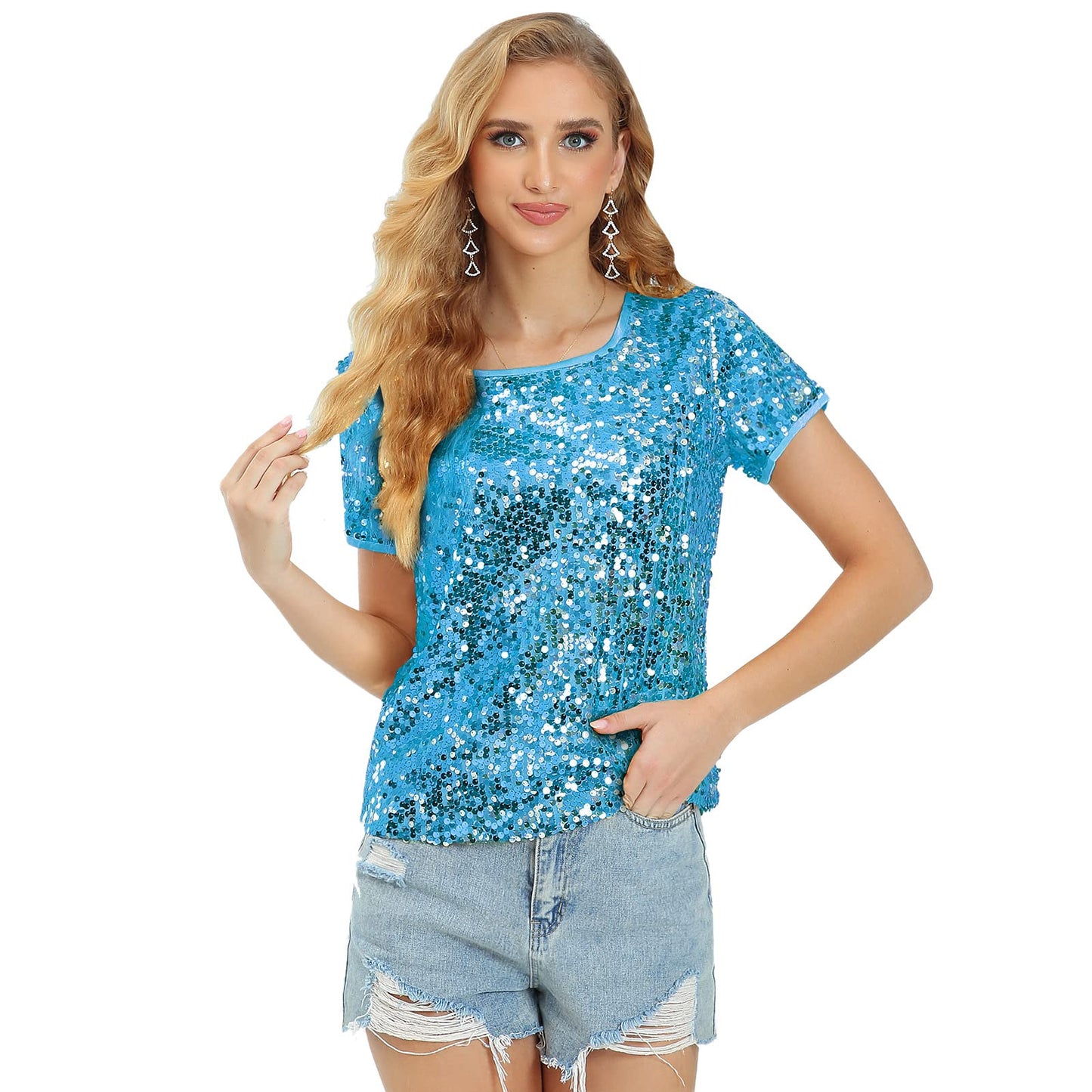 Womens Full Sequin Sparkle Tops Shimmer Glitter Round Neck Short Sleeve Shirt Summer Disco Party Tee Shirts Tunic Blouse